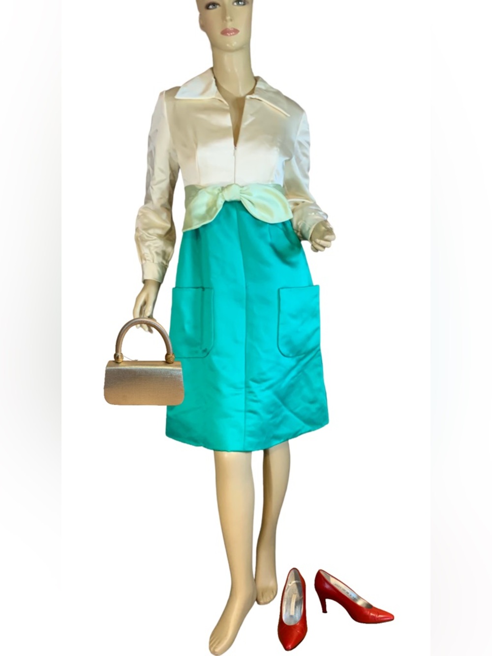 VINTAGE 1960'S MOLLIE PARNES BOUTIQUE TEAL GREEN & CREAM SATIN PARTY DRESS (S)
